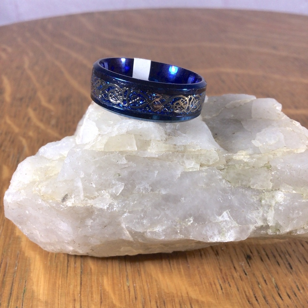 Stainless Steel Blue Dragon Band Ring - Size 11